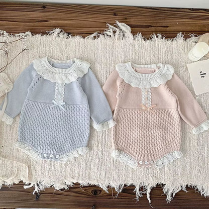 Rosebelle – Knitted Lace Ruffle Romper for Baby Girls