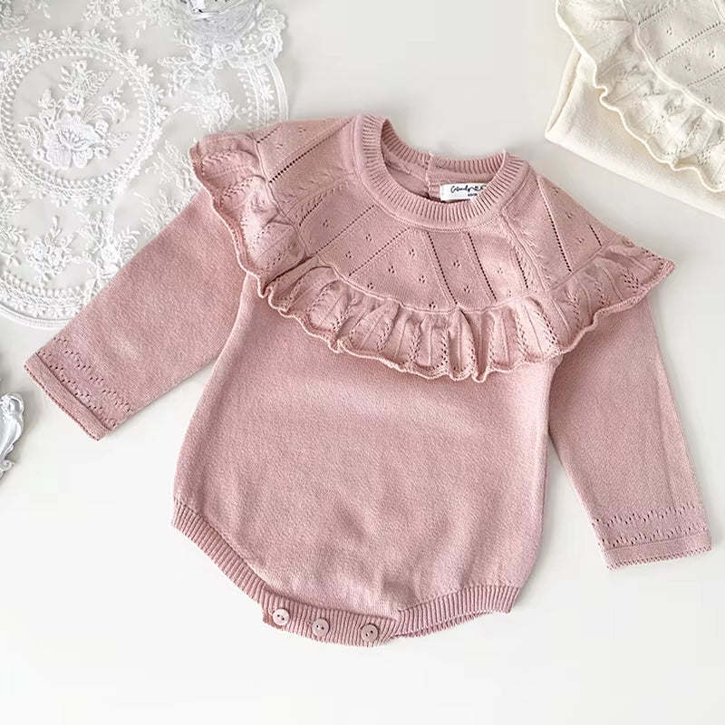 Rosebelle – Knitted Lace Ruffle Romper for Baby Girls