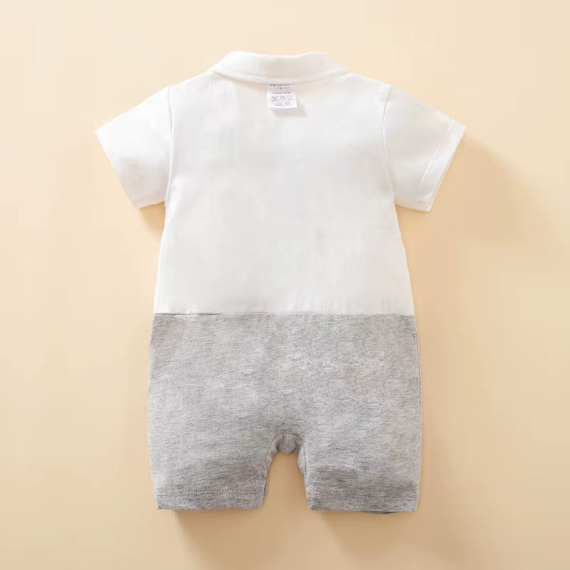 Little Gentleman – Baby Boy Cotton Romper with Tie & Button Detail