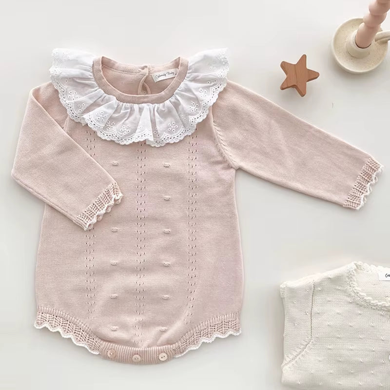 Rosebelle – Knitted Lace Ruffle Romper for Baby Girls