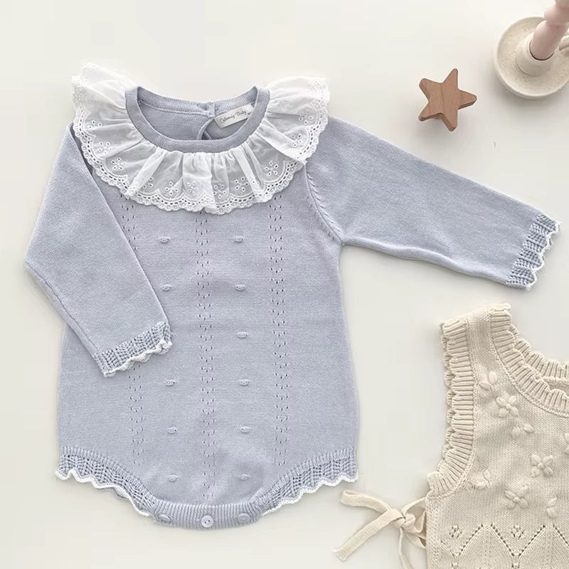 Rosebelle – Knitted Lace Ruffle Romper for Baby Girls