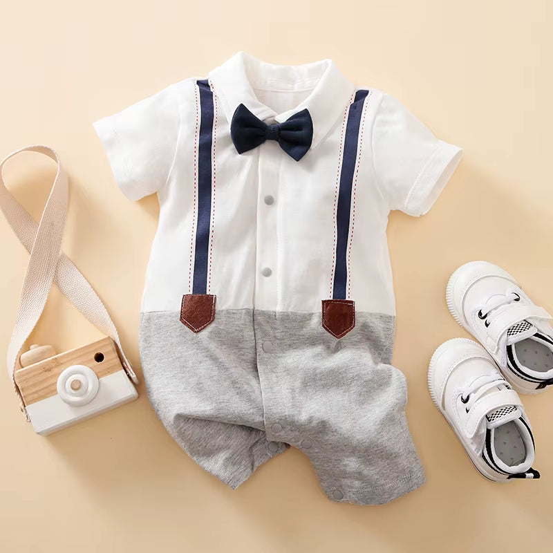 Little Gentleman – Baby Boy Cotton Romper with Tie & Button Detail