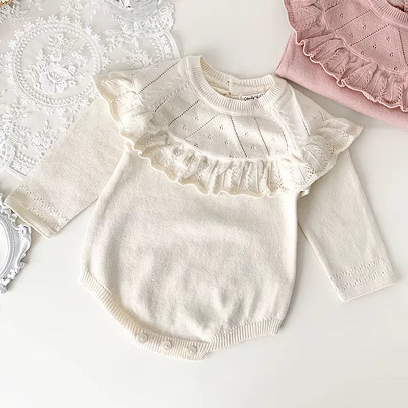 Rosebelle – Knitted Lace Ruffle Romper for Baby Girls