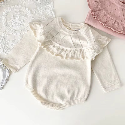 Rosebelle – Knitted Lace Ruffle Romper for Baby Girls