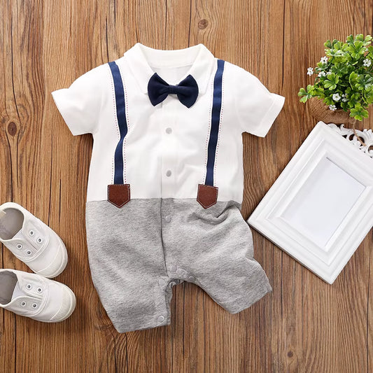 Little Gentleman – Baby Boy Cotton Romper with Tie & Button Detail